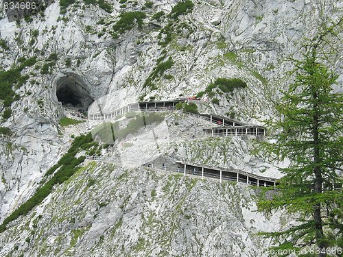 Image of Path and entrance to Eisriesenwelt ice cave in Austrian Alps