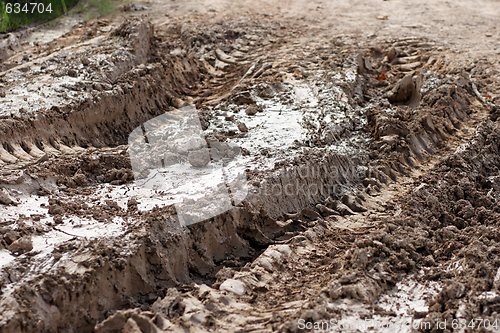 Image of Closeup of car ruts in dry road mud 