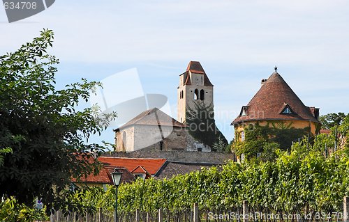 Image of Medieval abbey among vineyards in Durnstein, Austria