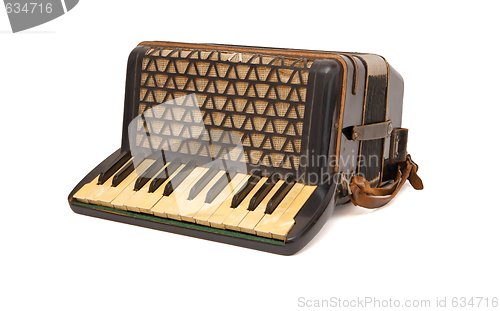 Image of Vintage 1930s brown accordion isolated on white background