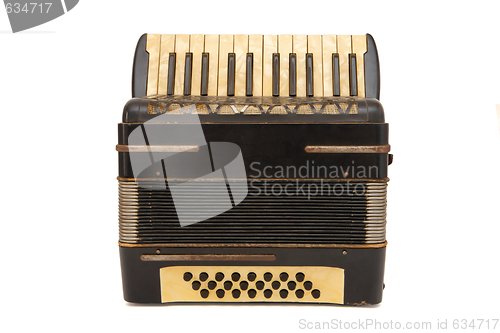 Image of Vintage brown 1930s accordion isolated on white background