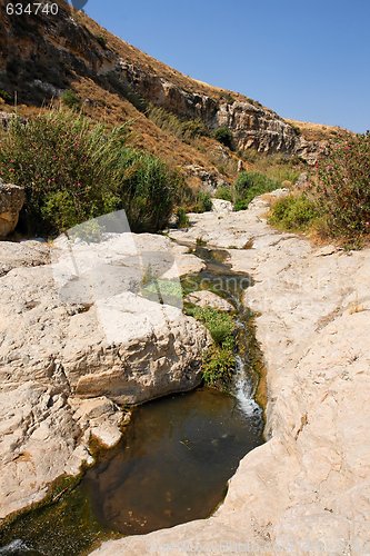 Image of Narrow stream flows in stone banks 