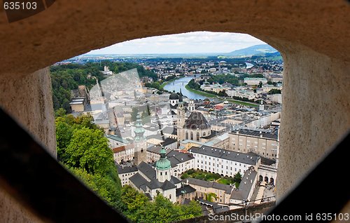 Image of Salzburg city view through the gun-slot of Hohensalzburg castle 