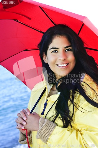 Image of Beautiful young woman in raincoat with umbrella