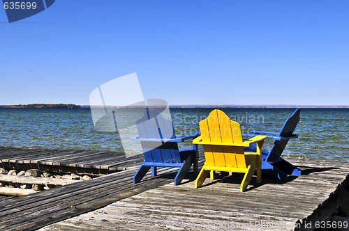 Image of Chairs on wooden dock at lake