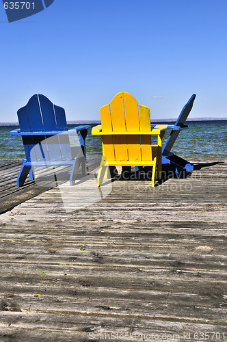 Image of Chairs on wooden dock at lake