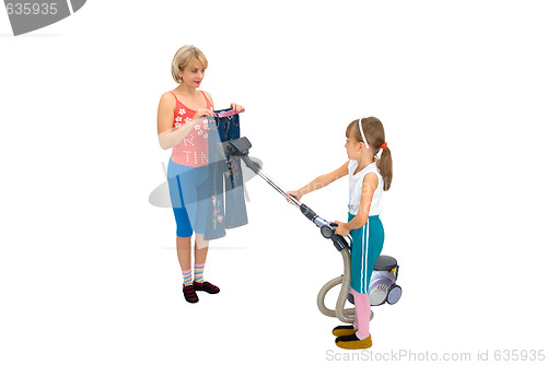 Image of Mam,daughter and a vacuum cleaner