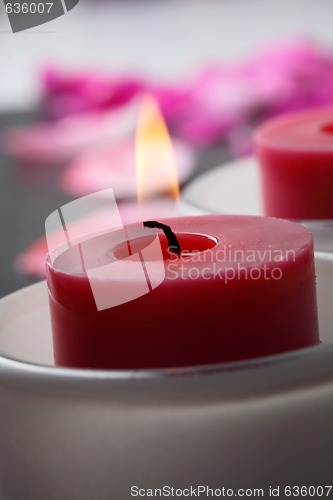 Image of Candle and flower petal decoration.