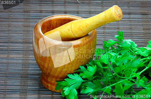 Image of Old wooden mortar and pestle