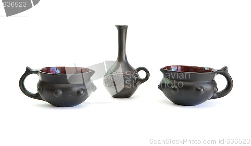 Image of Two black decorative ceramic pots and small jug isolated