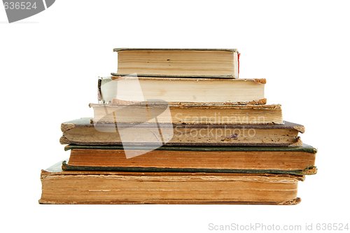 Image of Stack of old books seen from pages isolated 