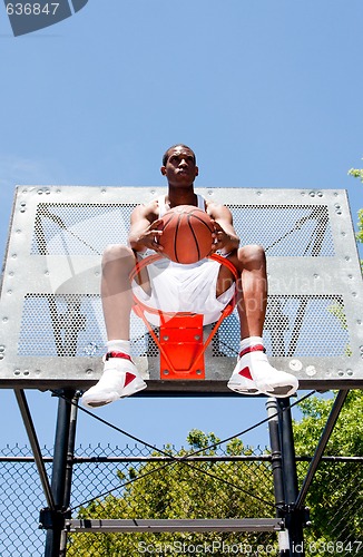 Image of Basketball player sitting in hoop