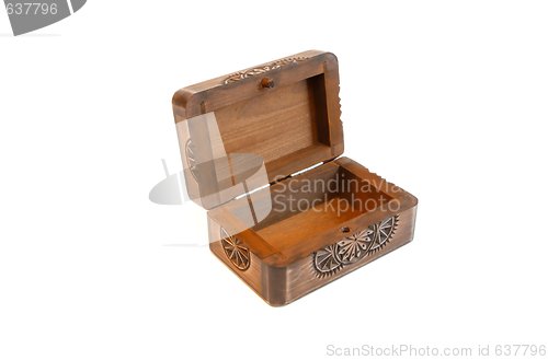 Image of Open empty carved wooden casket isolated