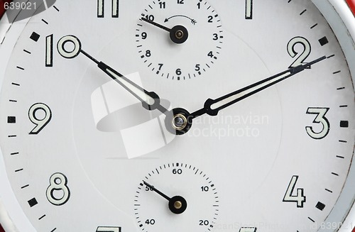 Image of Close-up of old analog alarm clock face.