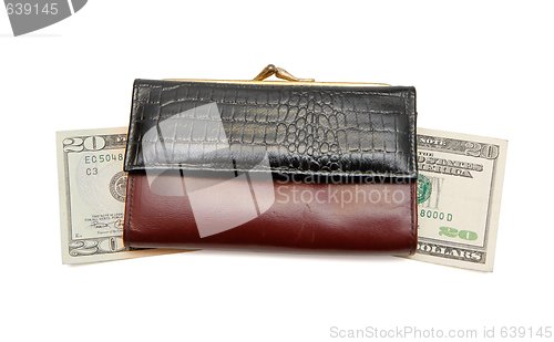 Image of Retro woman leather purse on dollar bills  isolated 