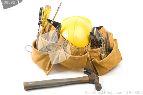 Image of suede leather tool belt with protective hard hat