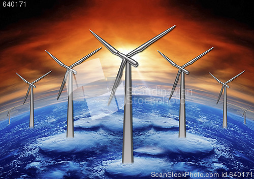 Image of wind mills and planet ground