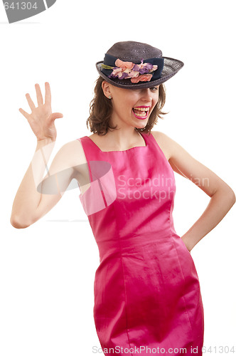 Image of  young woman in pink dress and hat