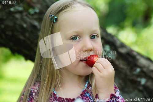 Image of Happy little girl eating a strawberry. 