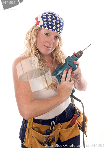 Image of sexy contractor construction lady with tools