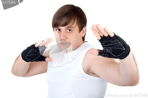 Image of Portrait of the young fighter. Isolated on white background