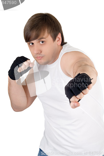 Image of Portrait of the young fighter. Isolated on white