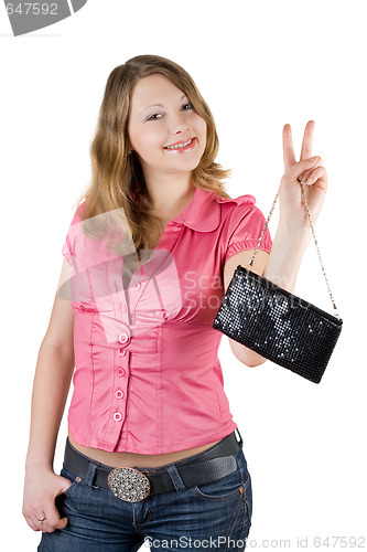 Image of Beautiful smiling young woman with a handbag. Isolated 