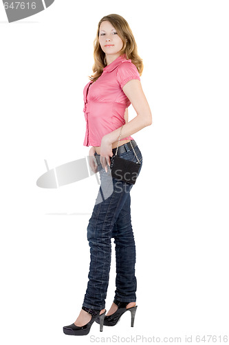 Image of Beautiful girl with a handbag. Isolated on white