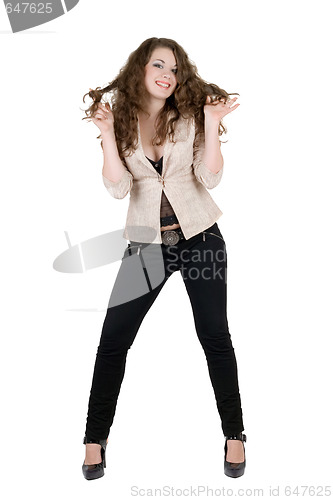Image of Beautiful playful young woman. Isolated on white background