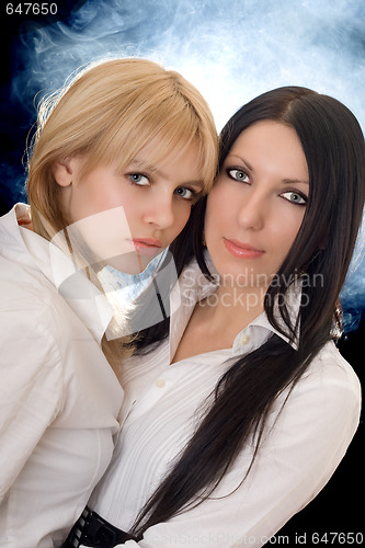 Image of Portrait of the young pretty brunette and blonde