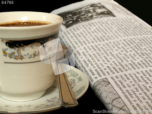 Image of morning routine with a cup of coffee and newspaper