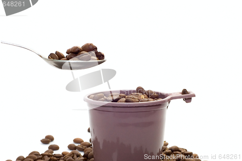 Image of Cup, spoon with coffee beans