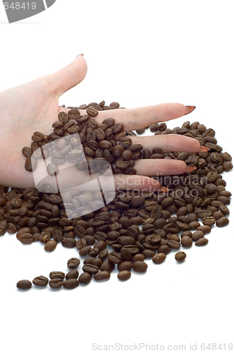 Image of Female hand and coffee beans 