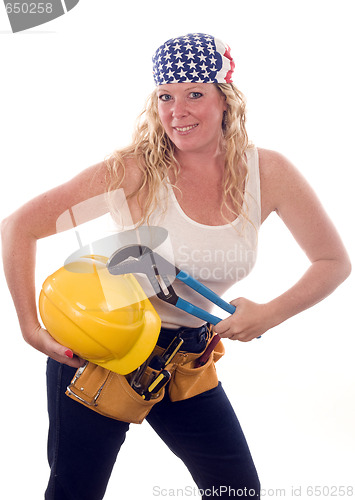 Image of sexy contractor construction lady with tools