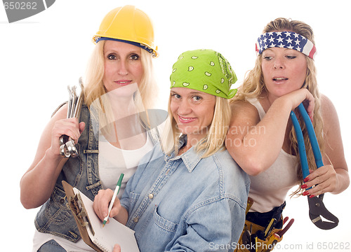 Image of team of three sexy women workers contractors with tools