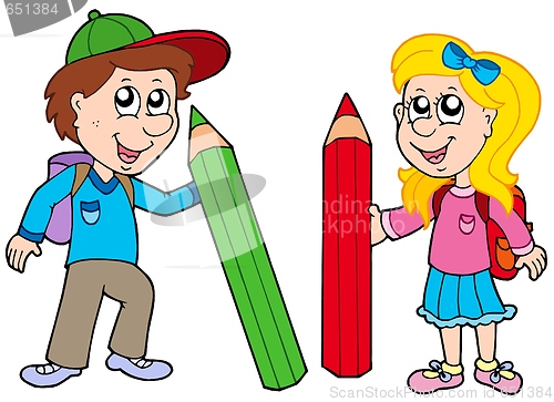 Image of Boy and girl with giant crayons