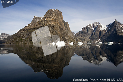 Image of Reflection of mountain in the water in Sermilik Fjord