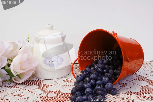 Image of Blueberries spilling out of a red pail