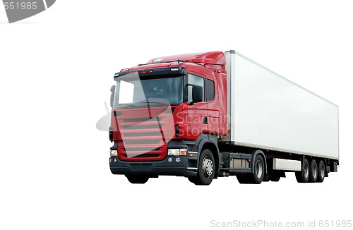 Image of red lorry with white trailer over blue sky