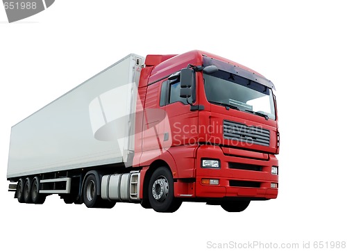 Image of red lorry with white trailer over white