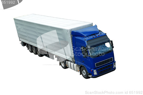 Image of isolated blue lorry with grey trailer (upper view)