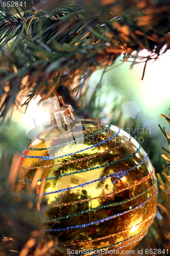 Image of Christmas ornaments on tree.