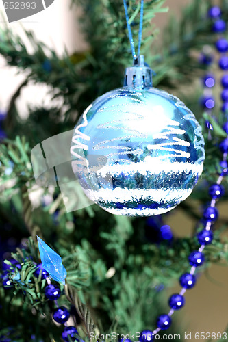 Image of Christmas ornaments on tree.