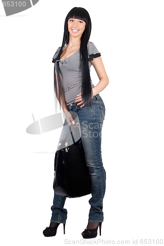 Image of Sexy smiling girl with a handbag. Isolated