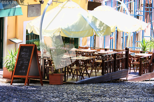 Image of empty tables in street cafe