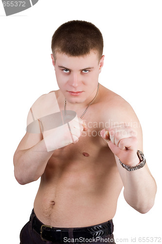 Image of Portrait of the furious fighter. Isolated on white