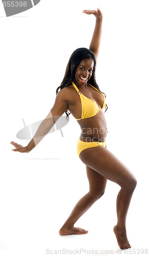 Image of portrait smiling happy latin woman wearing bikini