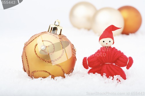 Image of Christmas elf and baubles.