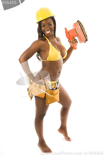 Image of sexy hispanic construction woman with tools in bikini