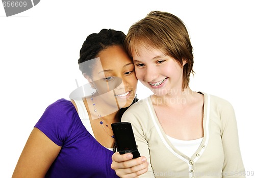 Image of Teen girls with mobile phone